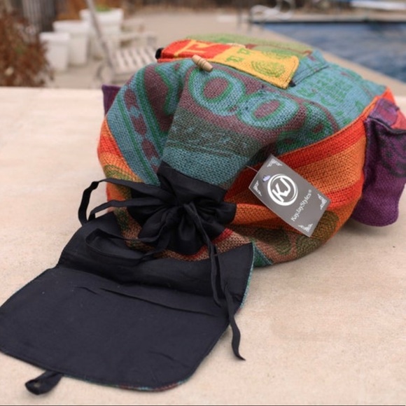 Eco Friendly Recycled Jute Rice Bag Bohemian Backpack Multi-Functional Storage - Picture 7 of 8